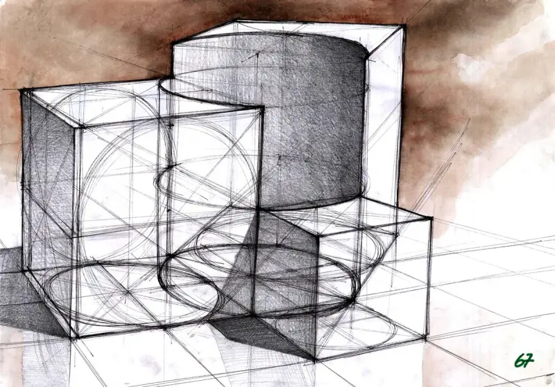 Szkic geometrycznych brył, ćwiczenie z perspektywy, idealne do nauki architektury studia online.